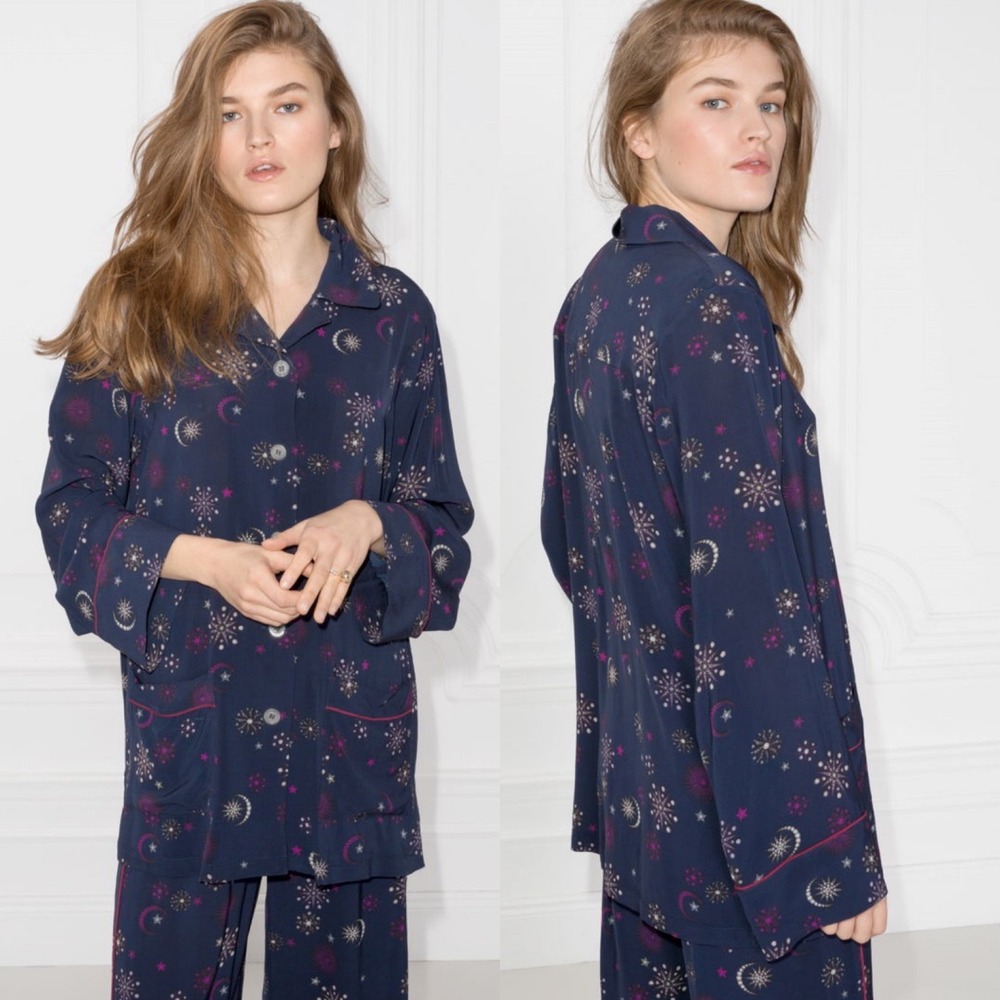 & Other Stories Lounge Jacquard Shirt Womens Size 6 Navy Blue Collared Top Moon